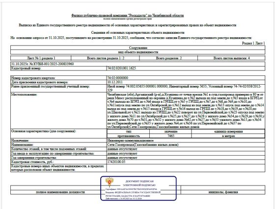 Сооружение - Сети Газопровода(Газоснабжение жилых домов), про-тяженностью – 7 465,0 м, кадастровый номер 74:02:0201001:1625, по адресу: Челябинская (обл),Аргаяшский (р-н),д. Кузяшева от точки врезки №1 в сущ.газопровод примерно в 80 м от реки Миасс расположенный на окраине д. Кузяшева, до т.№2 выхода из под земли, до т.№3 входа в БГРП, от т.№4 выхо-да из БГРП до т.№6 входа в ГРПШ, от т.№5 у ГРПШ, до т.№7,до т.№8,до №9,до т.№10,до т.№11опуск под землю по ул. Октябрской, до т.№12 выход из под земл