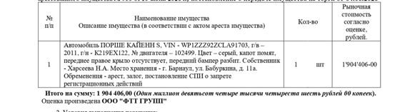Автомобиль ПОРШЕ КАЙЕНН S, 2011 г.в., гос. рег. знак К219ЕХ122, VIN WP1ZZZ92ZCLA91703, № двигателя 102499, цвет серый, капот помят, переднее правое крыло отсутствует, передний бампер разбит. Начальная цена 1 618 745,10 руб. (Харсеева Н.А., арест, залог, запрет регистрационных действий) (950) (повторные)