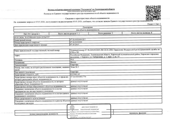 1/3 доли в квартире общ.пл. 59,6 кв.м. кадастровый № 47:16:0101004:837, расположенная по адресу: ЛО, Кировское г.п., Кировск, ул. Набережная, д. 1, корп. 2, кв. 55