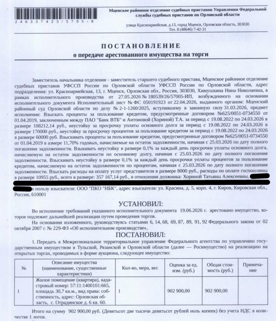 Помещение, назначение: жилое, наименование: квартира, кадастровый номер 57:11:1400101:665, площадь 30,7 кв.м., местоположение: Российская Федерация, Орловская область, р-н Мценский, с/п Отрадинское, с Отрадинское, д 6, кв 60. Согласно ответу УМВД России по Орловской области от 29.07.2026 по данному адресу зарегистрирован 1 человек. Согласно ответу НО «РФКР» по состоянию на 06.08.2026 задолженность по взносам на капитальный ремонт отсутствует. Взыскатель: ООО «ПКО «НБК». Должник: Хорина Т.А.