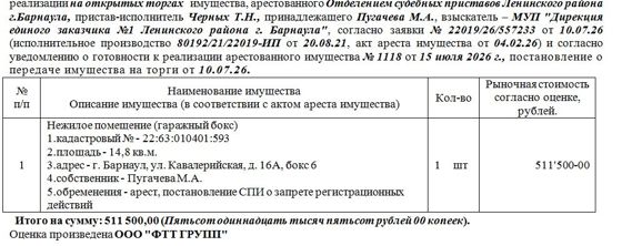 Лот№3 Нежилое помещение (гаражный бокс) кадастровый № - 22:63:010401:593 площадь - 14,8 кв.м. адрес - г. Барнаул, ул. Кавалерийская, д. 16А, бокс 6. Нач.цена 511500 руб. (Пугачева М.А., обременения - арест, постановление СПИ о запрете регистрационных действий) (1118)