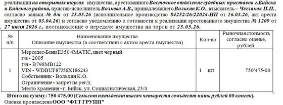 Лот№6 Мерседес-Бенц Е350 4MATIC, цвет черный г/в – 2005 г/н - В798МВ122 VIN - WDBUF87J56X186243. Нач.цена 750475 руб. (Вольхин К.О., запрет на рег/д) (1209)