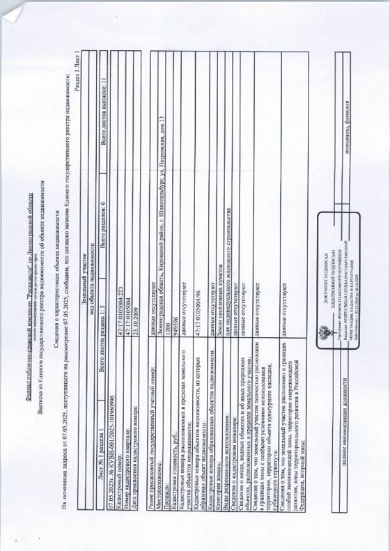 Земельный участок, расположенный по адресу: Ленинградская область Кировский район, Шлиссельбург, ул. Петровская, д. 13 общ. пл. 1200 кв.м. кад № 47:17:0105004:223