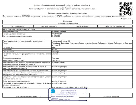 1/3 доля в праве общей долевой собственности на жилое помещение общей площадью 30,4 кв. м, кадастровый номер 38:31:000020:1330, местоположение: Иркутская обл., г. Усолье-Сибирское, ул. Ватутина, д. 34, кв. 13.
