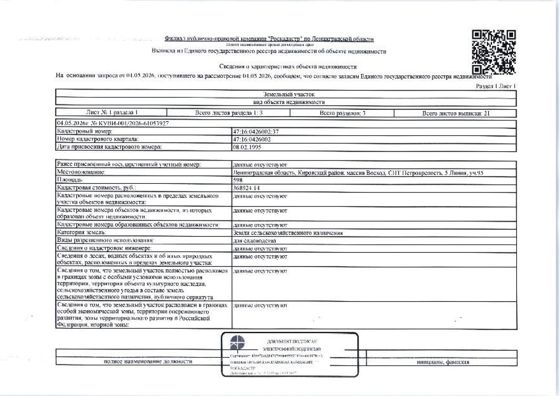 1/2 доли на земельный участок площадью 598 кв.м, кад. № 47:16:0426002:37, расположенный по адресу: Ленинградская область, Кировский район, массив Восход, СНТ Петрокрепость, 5 Линия, уч.95