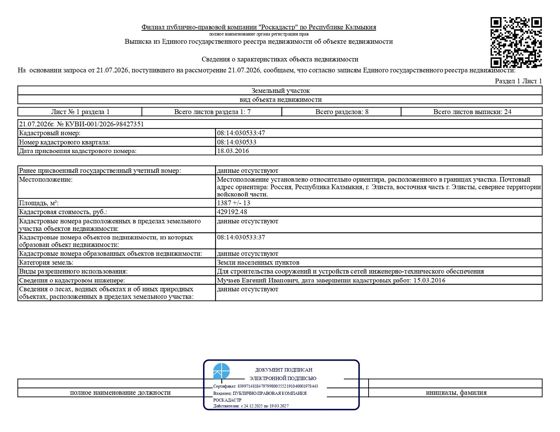 1/2 доля в праве общей долевой собственности на земельный участок площадью 1387 кв. м, категория земель - земли населенных пунктов, вид разрешенного использования - для строительства сооружений и устройств сетей инженерно-технического обеспечения, кадастровый номер 08:14:030533:47, местонахождение: Республика Калмыкия, г. Элиста, восточная часть г. Элисты, севернее территории войсковой части.