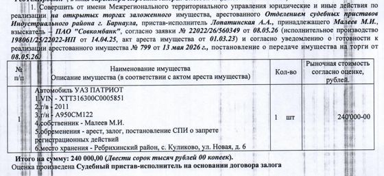 Лот№2 Автомобиль УАЗ Патриот, 2011 г.в., г/н А950СМ122, VIN ХТТ316300С0005851. Начальная цена 204 000 руб. 00 коп. (Малеев М.И., залог, запрет на совершение регистрационных действий, арест) (799) (повторные).