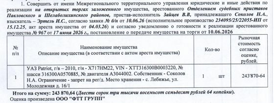 Лот№5 Автомобиль УАЗ Patriot, 2010 г.в., г/н Х717НМ22, VIN ХТТ316300В0003220, номер шасси 316300А0570885, номер двигателя А3044002. Начальная цена 207 290 руб. 04 коп. (Соколов Н.А., залог, запрет на совершение регистрационных действий) (967) (повторные).
