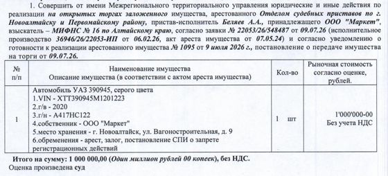 Лот№6 Автомобиль УАЗ 390945, 2020 г.в., г/н А417НС122, VIN ХТТ390945М1201223, цвет: серый. Начальная цена 1 000 000 руб. 00 коп., указана без учета НДС, окончательный размер НДС будет рассчитан от итоговой стоимости. (ООО «Маркет», залог, запрет на совершение регистрационных действий, арест) (1095).