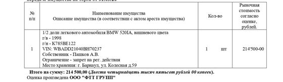 1/2 доли легкового автомобиля BMW 520IA, 1998 г.в., гос. рег. знак К785ВЕ122, VIN WBADD21040BH70237, вишневого цвета. Начальная цена 214 500 руб. (Пашков А.В., запрет регистрационных действий) (526)