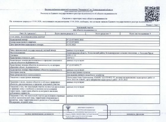 Земельный участок общ.пл 1030 кв.м. кадастровый № 47:22:0334001:1816, расположенный по адресу: ЛО, Волосовский район, Большеврудское с.п. д. Большая Вруда
