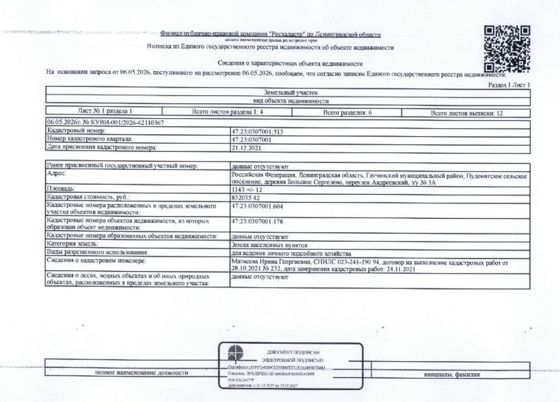 Земельный участок общ.пл 1143 кв.м. кадастровый № 47:23:0307001:513 и жилой дом общ.пл. 127,4 кв.м. кадастровый № 47:23:0307001:604, расположенные по адресу: ЛО, Гатчинский район, Пудомятское с.п., дер. Большое Сергелево, пер. Андреевский, уч. 3А.