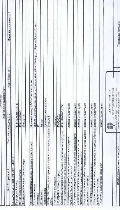 1/4 доля в квартире общ. пл. 47 кв.м. кад.№ 47:01:0000000:39314 по адресу: Ленинградская область, м.р-н Выборгский, г.п. Выборгское, г. Выборг, ул. Первомайская, д. 2, кв. 1