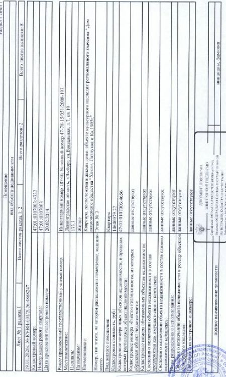 квартира общ. пл. 133,3 кв.м., кад. № 47:01:0107003:4322 по адресу: Ленинградская область, г. Выборг, ул. Вокзальная, д.7, кв.19