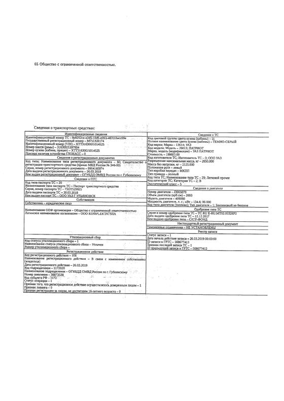 Транспортное средство, легковой прочее УАЗ ПАТРИОТ, 2018 г.в., г/н М751ХН174, VIN XTT316300J1014525, рег.№ 26-125;