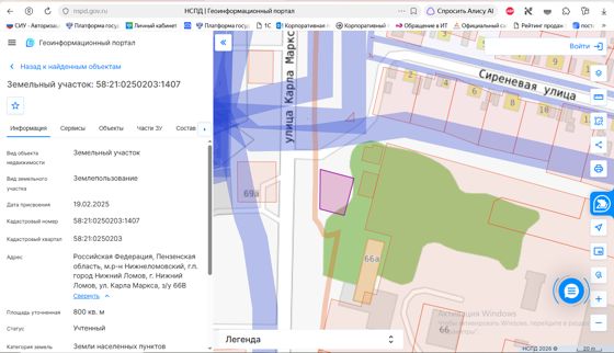 земельный участок из земель населенных пунктов, площадью 800 кв.м., местоположение: Пензенская область, Нижнеломовский район, г. Нижний Ломов, ул. Карла Маркса, земельный участок 66Б, с кадастровым номером 58:21:0250203:1407, разрешенное использование: «магазины»