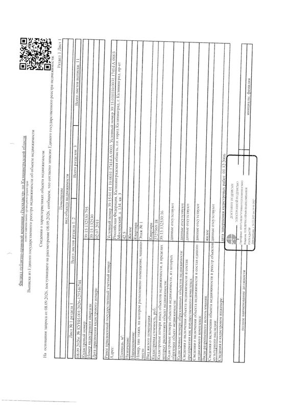 Квартира общей площадью 42,5 кв. м, кадастровый номер 39:15:132530:795